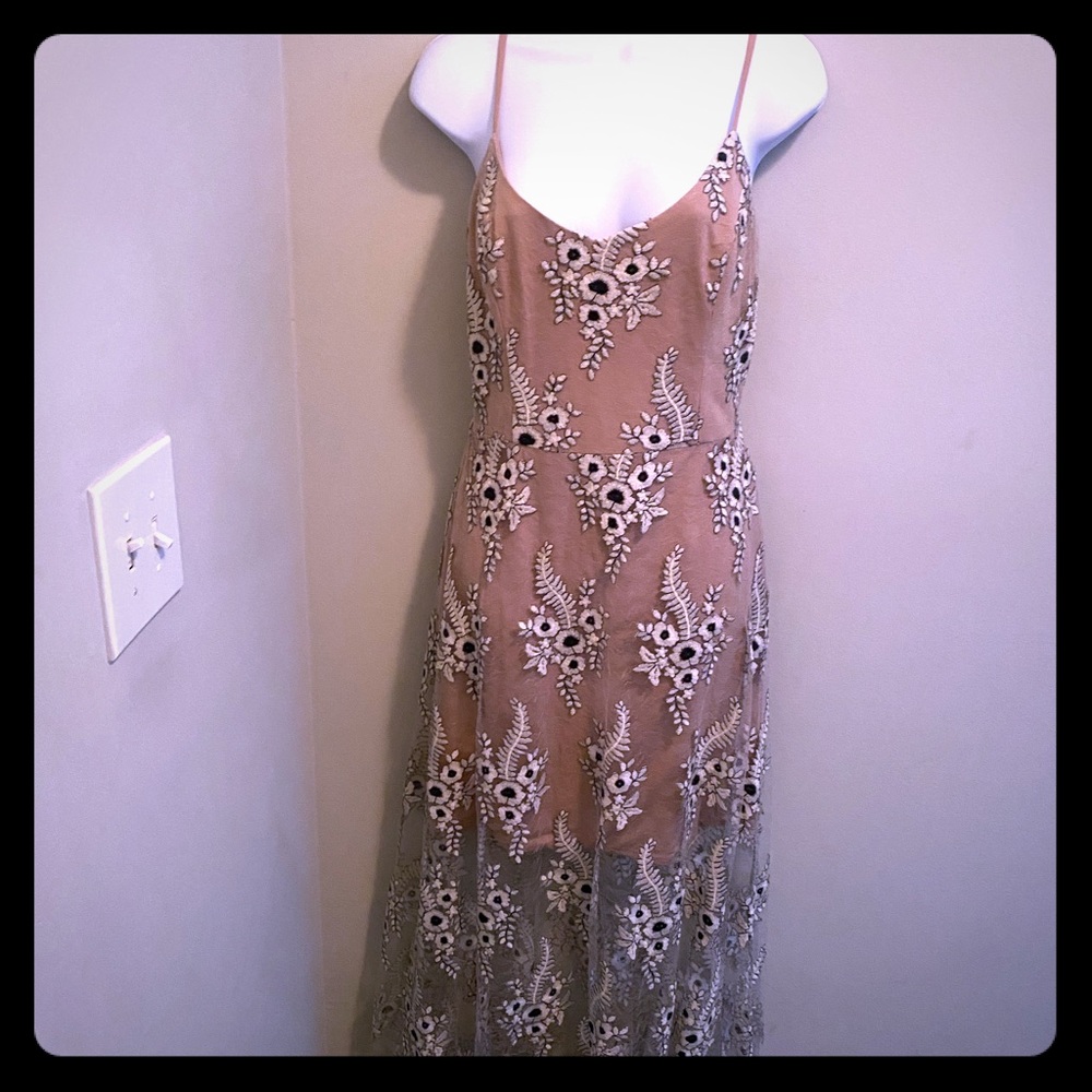 Dress the population nude/silver overlay maxi